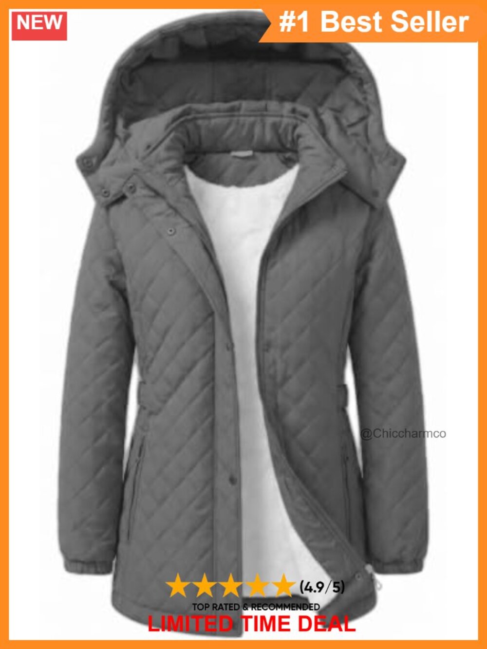 Women's Diamond Quilted Fleece Lined Winter Coat Removable Hood